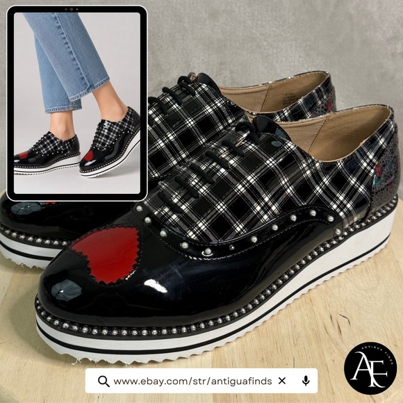 Betsey Johnson Shoes - Betsey Johnson T-Nona Heart Plaid Patent Leather Platform Oxfords Black Red 10M